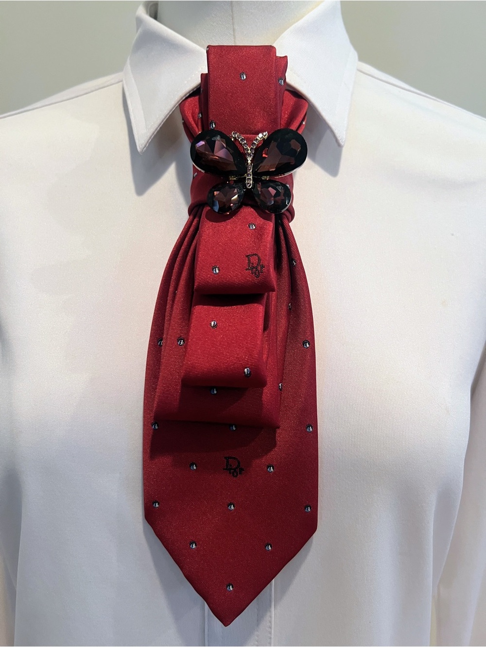 Christian Dior Red Decorative Tie Necklace with Stunning Butterfly Brooch